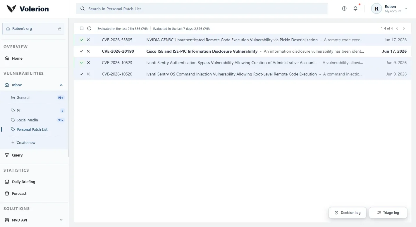Volerion CVE Inbox Overview